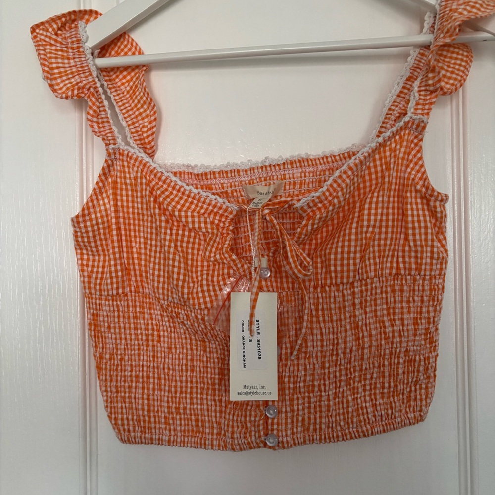Orange Gingham Ruffle Strap Top